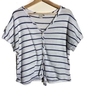 Paper Crane Waffle Knit Striped Tie Front Top Blouse